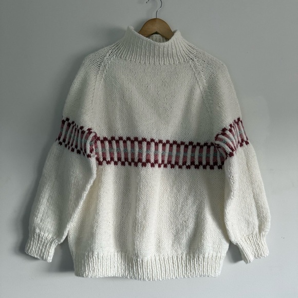 Handmade Sweaters - Elegant White Turtleneck Sweater with Red Accents